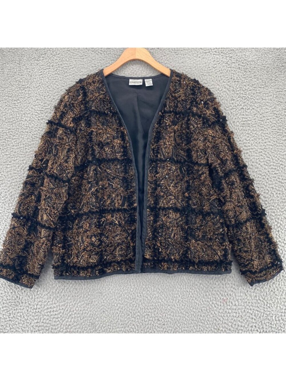 Chicos Jacket Womens 1 US Medium Brown Black Paisley Silk Blend Ruffle Sequin
